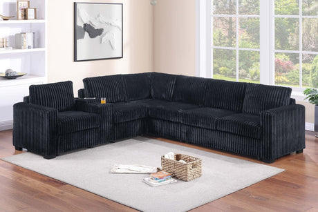 Modern Style L-Shape 4pc Sectional Set Reversible Loveseat USB Ports Cup Holder Armless Chair Plastic Legs Corduroy Upholstered Black Finish Primary Living Room - sold by Home Elegance USA