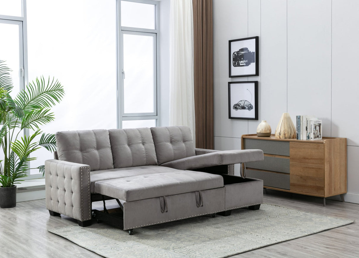 77 Inch Reversible Sectional Storage Sleeper Sofa Bed , L - Shape 2 Seat Sectional Chaise With Storage , Skin - Feeling Velvet Fabric ,Light Grey Color For Living Room Furniture | Home Elegance USA