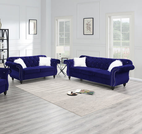 2pc Sofa Set Living Room Furniture Indigo Velvet Upholstered Sofa Loveseat Crystal Tufted Seat Couch