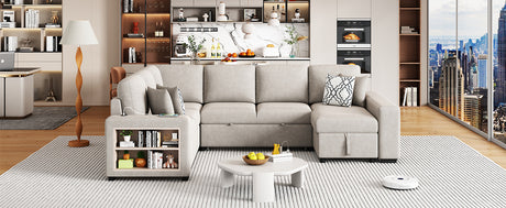 Beige Chenille U-Shaped Sectional Sofa with Pull-out Bed, USB Ports, Storage Chaise & Back Pillows - sold by Home Elegance USA