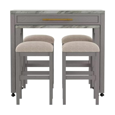 Rustic 5pc Dining Set Counter Height Dining Table w Storage drawer Faux Marble Top 4x Stools Light Gray Dining Room Furniture - sold by Home Elegance USA