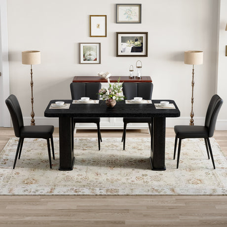 Table and chair set. 64.5 x 35.4 Inch Stylish Black Wood Color Textured Dining Table.Paired with 4 Black PU chairs with a vertical stripe design on the backrest and black metal legs. - sold by Home Elegance USA