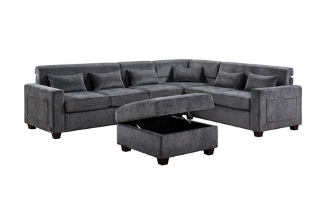 Trevi 115'W Gray Chenille Sectional Sofa with Adjustable Backrest, Charging Ports, Pockets, Tufting, Storage Ottoman, Throw Pillows - sold by Home Elegance USA