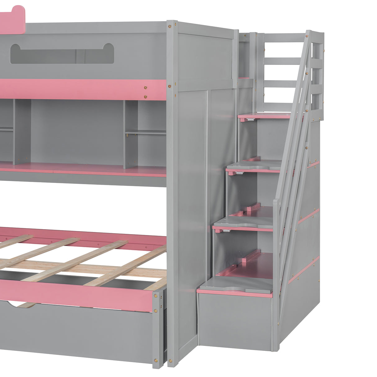 Full Over Full Bunk Bed with Twin Size Trundle and Staircase, Shelves, LED,Gray - sold by Home Elegance USA