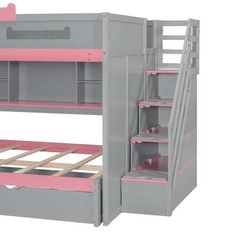 Full Over Full Bunk Bed with Twin Size Trundle and Staircase, Shelves, LED,Gray - sold by Home Elegance USA