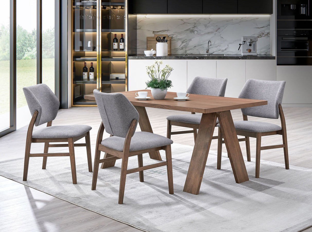 Sarha Contemporary 5-Piece Dining Set with Rectangular Walnut Table and Gray Cushioned Chairs