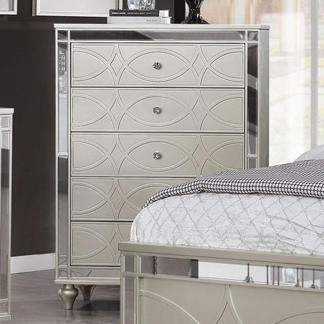 Contemporary Style 1pc Chest Mirror Accents Crystal Round Acrylic Knobs Silver Finish Decorative Pattern