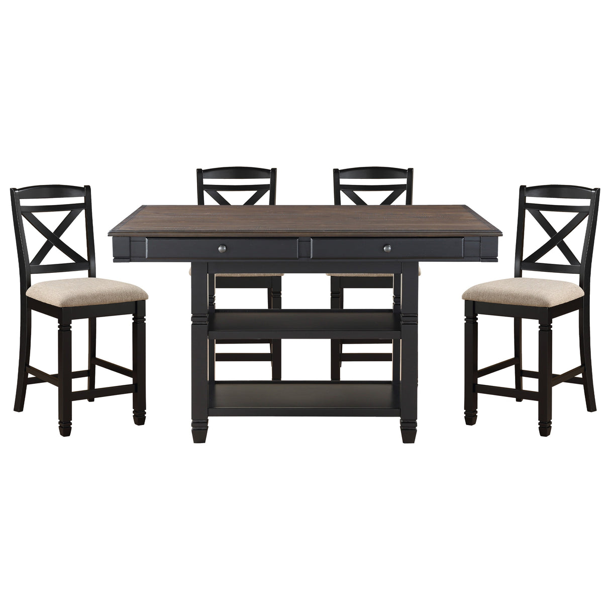 Juego de comedor de estilo transicional con altura de mostrador, mesa de 5 piezas con estantes de exhibición, cajones y 4 sillas de altura de mostrador, acabado negro.