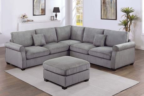 4pc Sectional Set Matching Pillow Cocktail Ottoman Corner Wedge Right And Left Arm Loveseat Corduroy Upholstered Fog Finish Primary Living Room - sold by Home Elegance USA