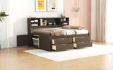 Full Size Wood Daybed with 2 Bedside Cabinets, Upper Shelves and 4 Drawers, Antique Brown - Home Elegance USA