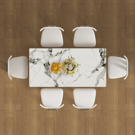 63' Modern 4-6 Person Dining Table Set with Storage in Burnt Stone Top & Gold Solid Wood Base, Includes 6 White Velvet Chairs for Kitchen, Apartment - sold by Home Elegance USA