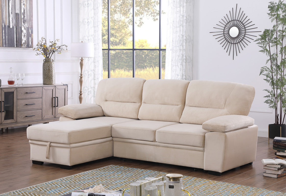 Kipling Beige Velvet Fabric Reversible Sleeper Sectional Sofa Chaise - Home Elegance USA