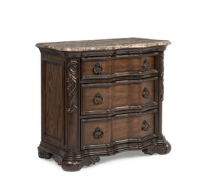 1pc Genuine Marble Top Three Drawers Nightstand Intricate Moldings Beautifully Curved Silhouette Rich Coffee Wood Finish Bedroom Solid Wood Furniture
