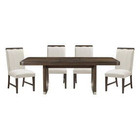 Modern Brown Finish Dining Set 5pcs Extendable Table with 4x Side Chairs Beige Upholstered Comfort Durable Metallic Accent Table Base Wooden Furniture - sold by Home Elegance USA