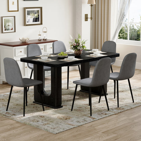 Table and chair set.64.5 x 35.4 Inch Stylish Black Wood Color Textured Dining Table.Paired with 6 Dark Gray Linen-Cotton Material High Resilience Dining Chair with Metal Leg. - sold by Home Elegance USA