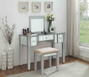 Transitional Style  1pc Vanity w/ Stool Set Core Design Storage Drawers Central Mirror Padded Stool Silver Finish Bedroom Furniture