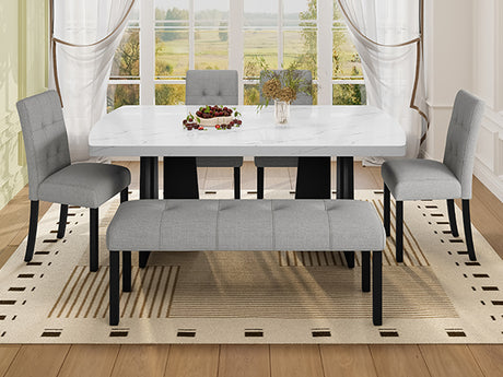 6 Piece Modern Dining Table Set, 63' Faux Marble Dining Table with Geometric Legs & 4 Upholstered Chairs & 1 Bench, Suitable for Dining Kitchen Room,Easy to Assemble, White+Gray - sold by Home Elegance USA