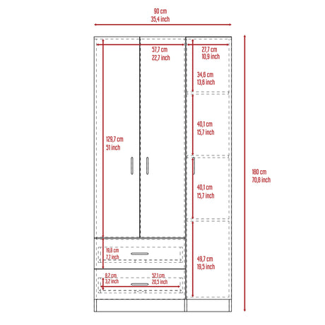 Bosko 3 Doors Armoire, Two Drawers, Metal Rod, White -Bedroom - sold by Home Elegance USA