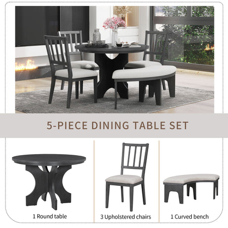 TREXM 5-piece Rustic Charm Round Dining Set with 3 Upholstered Chairs and Curved Bench for Dining Room, Kitchen and Living Room (Gray) - sold by Home Elegance USA