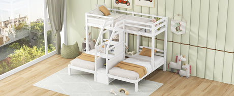 Twin over Twin & Twin Bunk Bed with Built-in Staircase and Storage Drawer,White - sold by Home Elegance USA