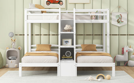 Twin over Twin & Twin Bunk Bed with Built-in Staircase and Storage Drawer,White - sold by Home Elegance USA