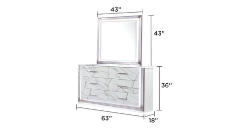 Desire Queen 5-Piece Bedroom Set – LED Upholstered Bed with Footboard Storage, Dresser, Mirror, Nightstand, and Chest in White & Marble Finish with Metallic Accents(CA INVENTORY) - sold by Home Elegance USA