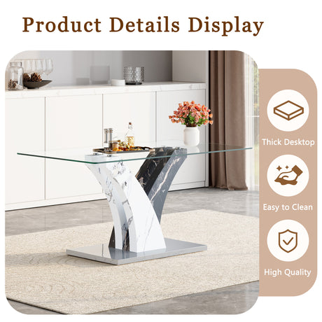 Table and chair set.Modern dining table, tempered glass countertop, and artistic MDF legs.Paried With 6 White PU dining chairs, simple and versatile, comfortable and accompanied. - sold by Home Elegance USA