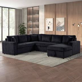 Ruxley 123'W Black Corduroy Sleeper Sectional Sofa with Right-Facing Storage Chaise and Throw Pillows - sold by Home Elegance USA