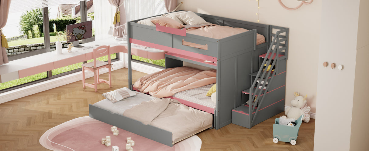 Full Over Full Bunk Bed with Twin Size Trundle and Staircase, Shelves, LED,Gray - sold by Home Elegance USA