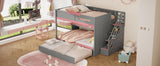 Full Over Full Bunk Bed with Twin Size Trundle and Staircase, Shelves, LED,Gray - sold by Home Elegance USA