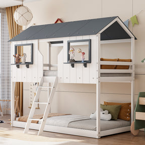 Twin Over Twin Bunk Bed Wood Bed with Roof, Window, Guardrail, Ladder (White)(OLD SKU: LT000045AAK-1)