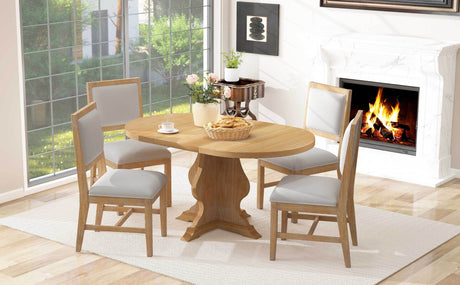 TREXM Farmhouse 5-Piece Dining Table Set with 4 Upholstered Chairs, Wood Extendable Dining Table with 15.7' Leaf for Extra Seating for Dining Room, Kitchen and Living Room (Natural Wood Wash) - sold by Home Elegance USA