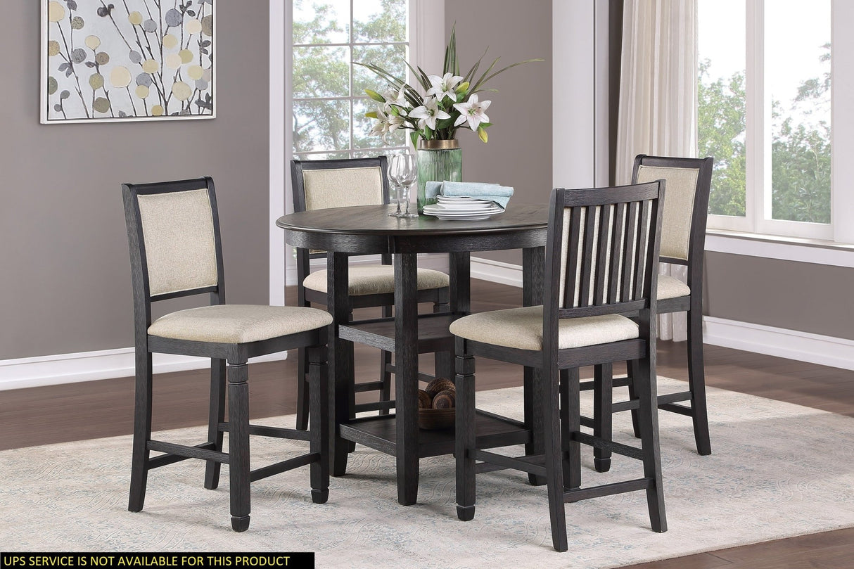 5pc Counter Height Dining Set Table w Built - in Shelves and 4x Counter Height Chairs Black and Brown Finish Wooden Dining Room Furniture | Home Elegance USA