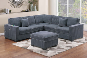 Contemporary Style 4pc Sectional Set Loveseat USB Port Cocktail Ottoman Corner Wedge Plastic Legs Corduroy Upholstered Dark Gray Finish Primary Living Room
