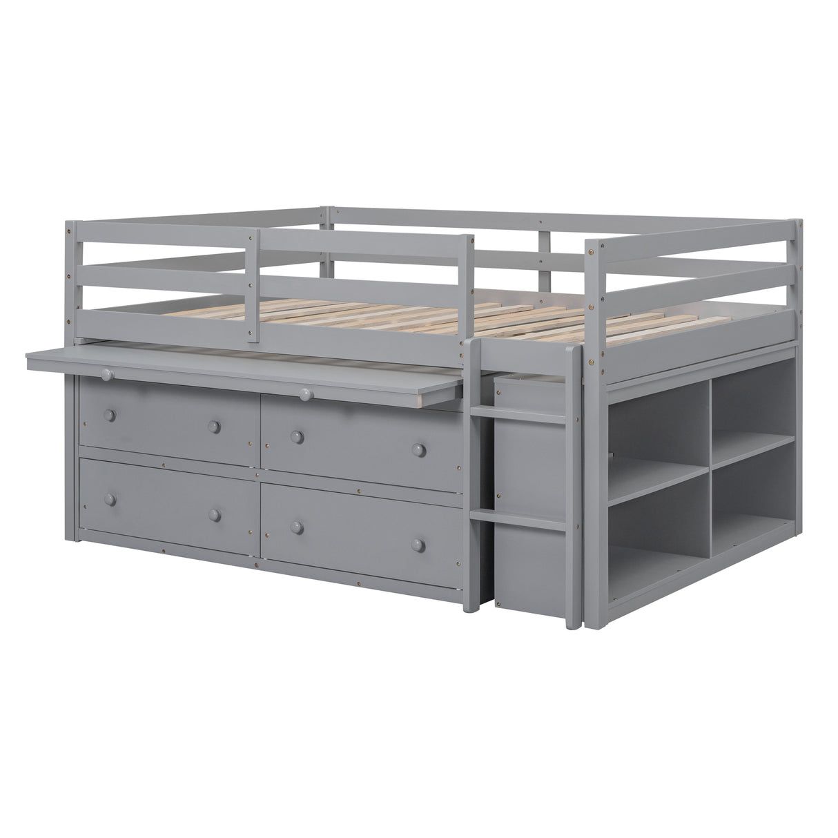 Full Size Loft Bed with Retractable Writing Desk and 4 Drawers, Wooden Loft Bed with Lateral Portable Desk and Shelves, Gray - Home Elegance USA