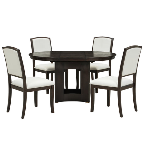 TOPMAX Farmhouse Extendable Round Dining Table Set for 4, 5-Piece Kitchen Table Set with 4 Upholstered Chairs and 16inch Removable Leaf for Small Places, Espresso+Beige - sold by Home Elegance USA