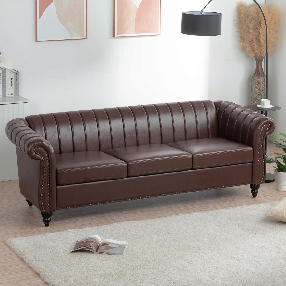 83.46'' Brown PU Rolled Arm Chesterfield Three Seater Sofa. | Home Elegance USA