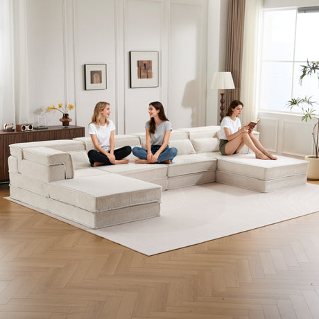 Compression Mahjong Sofa,Convertible Floor Sofa Bed,DIY Boneless Modular Sectional Sofa,No Assembly Required,Circle fleece fabric,Oversized 4 Seater with 2 Ottoman,White - sold by Home Elegance USA