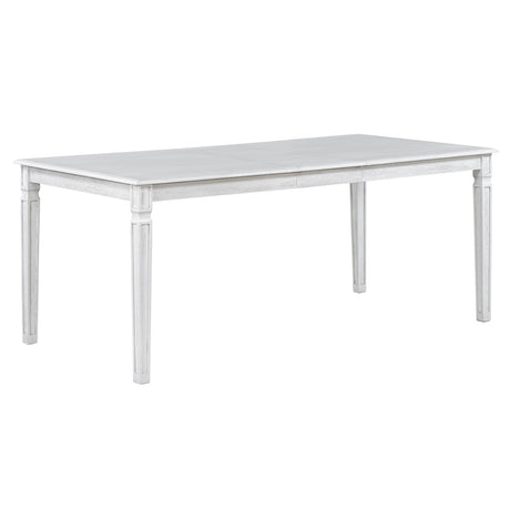 TREXM Vintage Extendable Dining Table Set for 6 with 4 Chairs & Bench, 59 to 72-Inch Rustic Farmhouse Kitchen Table Set with Distressed Finish and Retro Carved Legs (Washed White) - sold by Home Elegance USA