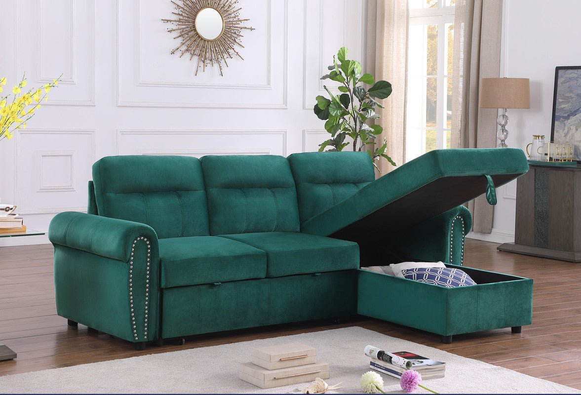 Ashton Green Velvet Fabric Reversible Sleeper Sectional Sofa Chaise | Home Elegance USA