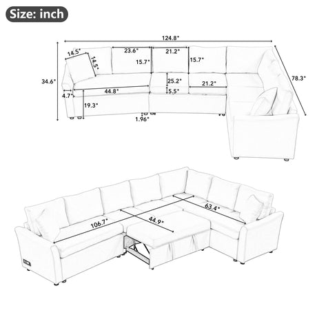 L-shaped Convertible Sofa Bed with USB Ports and Power Sockets, Beige Chenille Fabric, 124.8' Length - sold by Home Elegance USA