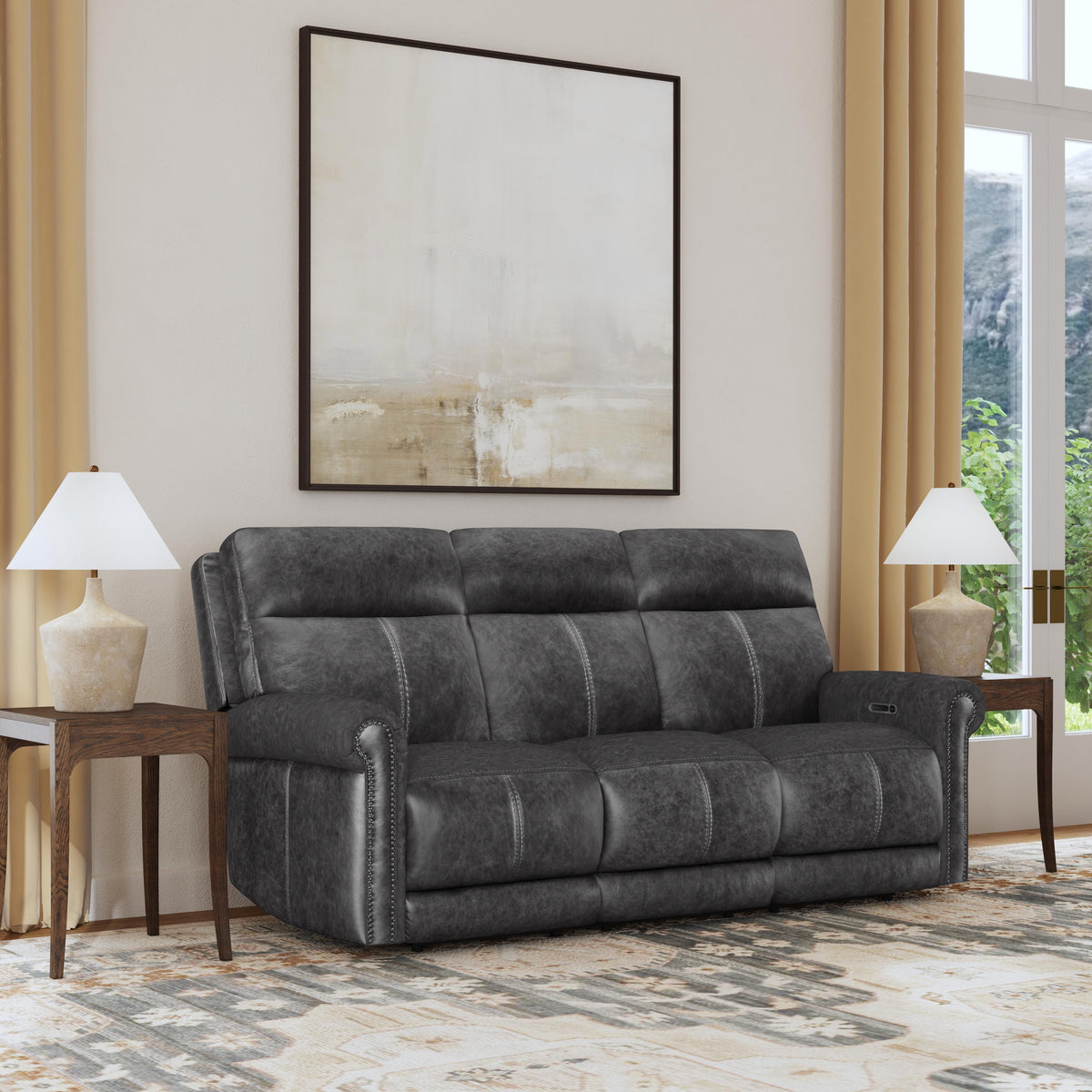 Alexander Power Reclining Sofa With Console, Power Headrest & Lumbar - Weathered Stone Gray | Flexsteel