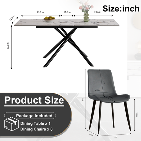 Modern 59-inch Expandable Dining Table with Retractable Leaf, Charred Stone Top & Black Carbon Steel X-Base, 4-8 Person Set with 8 Gray PU Chairs for Small Apartments, Kitchen - sold by Home Elegance USA