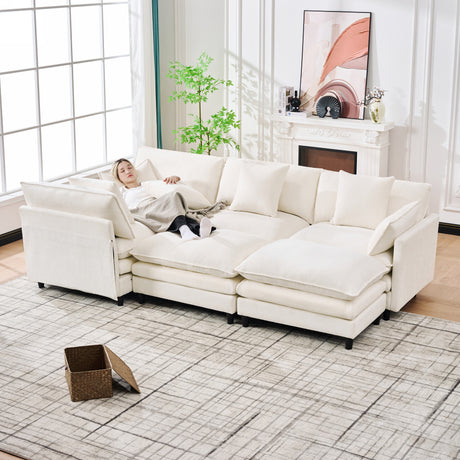140.9-inch U-shaped modular sectional sofa, suitable for living room or bedroom. It comes with 2 movable ottomans, 4 cushions and 2 throw pillows. Made of soft cashmere fabric, in beige - sold by Home Elegance USA