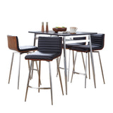 Marcel-Mason Swivel Contemporary Counter Height Dining Set in Chrome Metal with Black Wood Tabletop and Stainless Steel, Walnut Wood with Black Faux Leather by LumiSource - 5 Piece