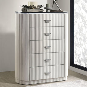 Modern Contemporary Style 1pc Chest Unique Look Chrome Handles Cultured Stone On Top 5-English Dovetail Drawers Vertical Receded Silver Line Light Gray Finish Bedroom Furniture