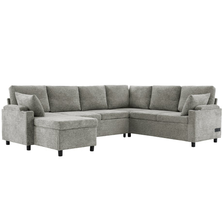 Versatile Light Grey Chenille Sectional Sofa Bed with Storage, Cup Holders & Charging Ports, 109.9' - sold by Home Elegance USA