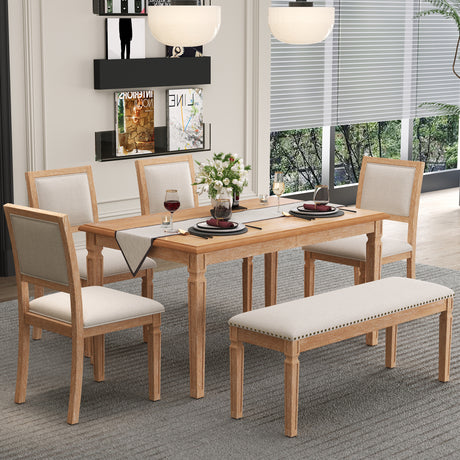 TREXM Vintage Extendable Dining Table Set for 6 with 4 Chairs & Bench, 59 to 72-Inch Rustic Farmhouse Kitchen Table Set with Distressed Finish and Retro Carved Legs (Natural Wood Wash) - sold by Home Elegance USA