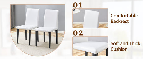 Table and chair set.Modern dining table, tempered glass countertop, and artistic MDF legs.Paried With 6 White PU dining chairs, simple and versatile, comfortable and accompanied. - sold by Home Elegance USA