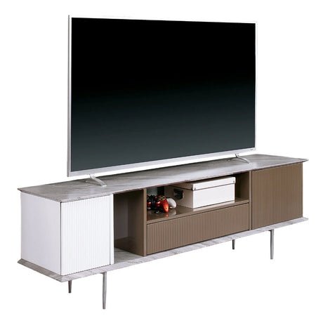 Modern Contemporary Style TV Console Base Stand Open Shelf And One Drawer Attached Ball Bearing Glides Replicated Marble On Top With High Gloss Champagne, White, And Gray Finish - sold by Home Elegance USA